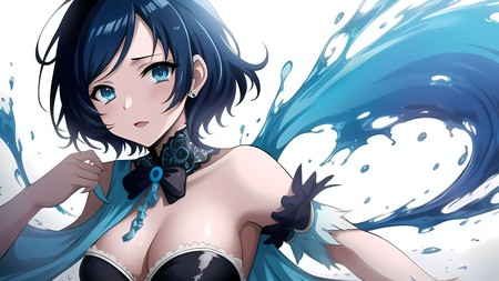 anime girl with blue hair and a black bra top with a bow around her neck