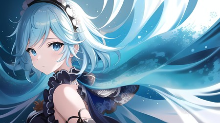 anime girl with blue hair and blue eyes and a black dress