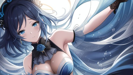 anime girl with blue hair and a black hat and a blue dress