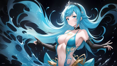 anime character with long blue hair and a blue body and a crown on her head