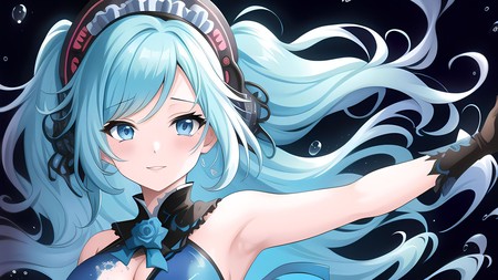 anime character with long blue hair and a black top and headphones