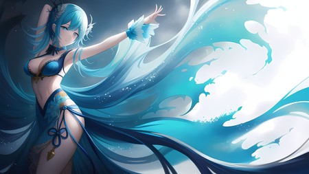 woman with blue hair and a blue dress is dancing in the wind