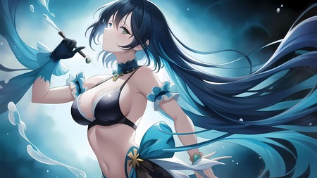 anime girl with long blue hair holding a sword in her hand