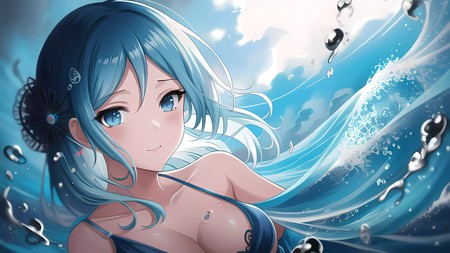 anime girl with blue hair and blue eyes in the water with bubbles