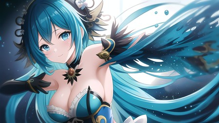 anime character with blue hair and a black and white bra top