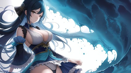 anime girl with long hair and a big breast standing in front of a wave