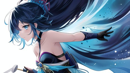 anime girl with long black hair holding a sword and wearing a blue dress