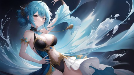 anime character with blue hair and a black bra and a flower in her hand