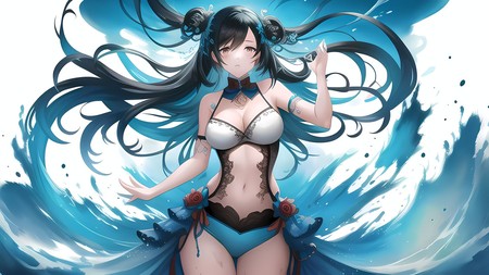 anime girl with long black hair in a blue and white outfit