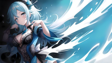 anime character with long blue hair and a black bra top with a sword in her hand