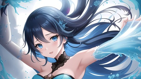 anime girl with blue hair and blue eyes in a blue dress