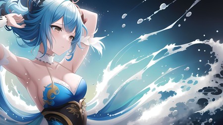 anime girl with blue hair and blue eyes in a blue dress