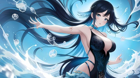 anime girl with long black hair and blue eyes in the water