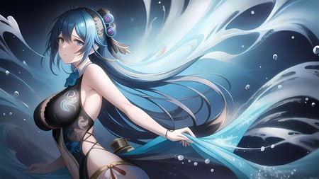 anime girl with long blue hair and a black bra is in the water