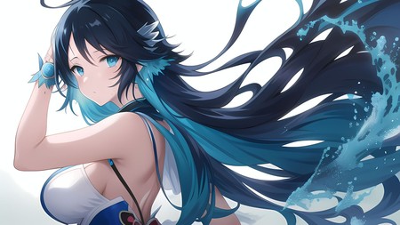 anime girl with long black hair and blue eyes wearing a white top