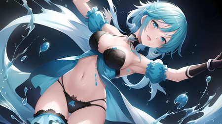 anime character with blue hair and a black bra and panties in the water