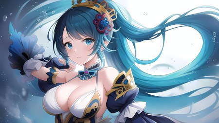 anime character with long blue hair and a crown on her head