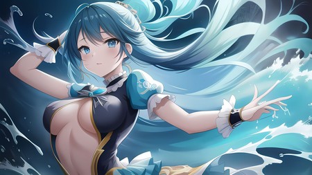 anime character with blue hair and a big breast in the water