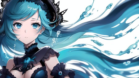 anime character with blue hair and a black top with a crown on her head