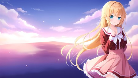 anime girl with long blonde hair standing in front of a purple sky