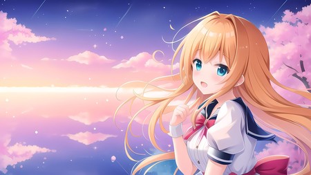 anime girl with long blonde hair standing in front of a lake