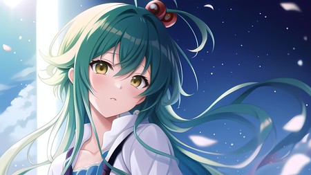 anime girl with long green hair and blue eyes looking at the sky