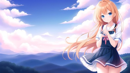 anime girl with long blonde hair standing in front of a mountain