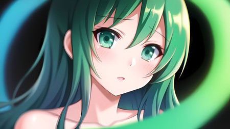 anime girl with green hair and blue eyes looking at the camera