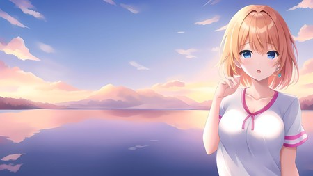 anime girl standing in front of a body of water with mountains in the background