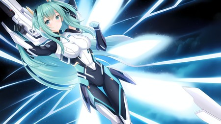 anime character with long green hair flying through the air with a sword in her hand