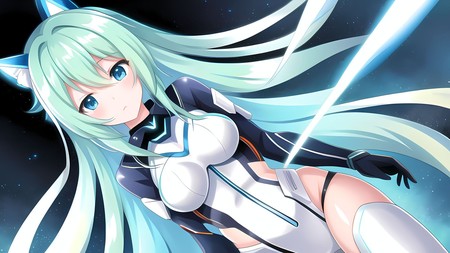 anime girl with long white hair and blue eyes in a space suit