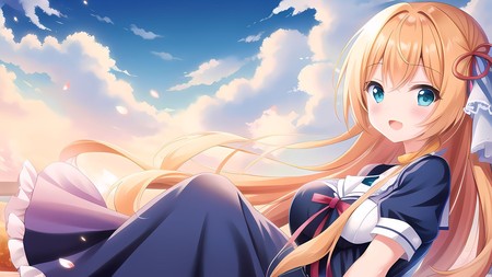 anime girl with long blonde hair laying on the ground in a blue dress
