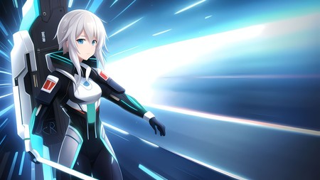 female anime character holding a sword in her right hand and standing in front of a blue background