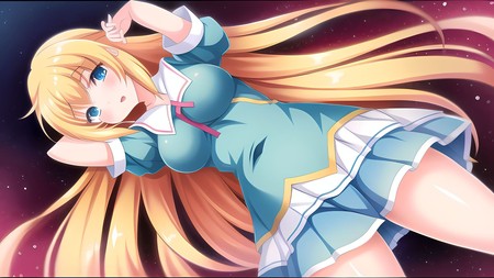 anime girl with long blonde hair in a blue and white dress