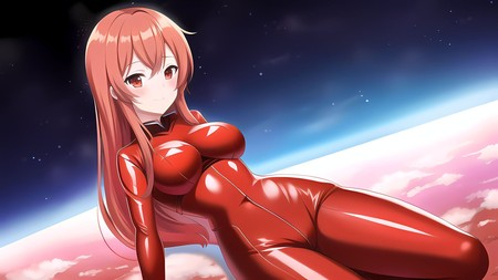 woman in a red bodysuit laying on the ground with a sky background