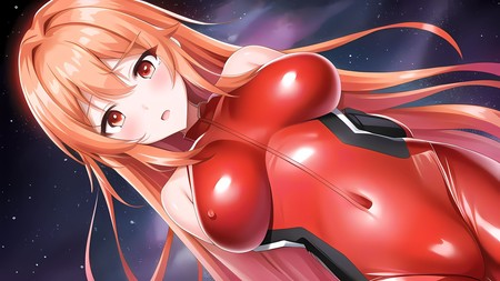 anime girl with red hair and big breast in a red bodysuit