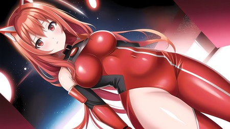 anime girl in a red bodysuit with cat ears on her head