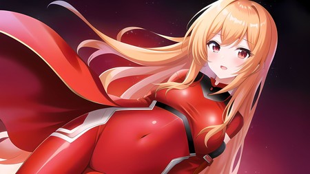 anime girl with long blonde hair in a red dress and cape