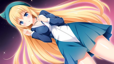 anime girl with long blonde hair and a blue and white dress