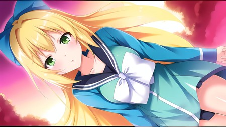 anime picture of a girl with long blonde hair and green eyes