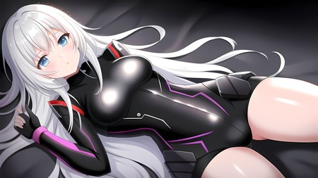 anime girl laying on a bed with white hair and blue eyes