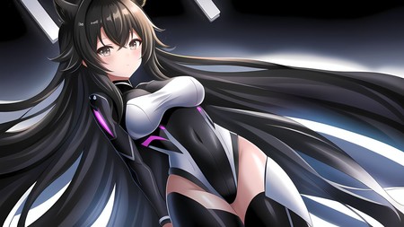 anime girl with long black hair and a black and white outfit