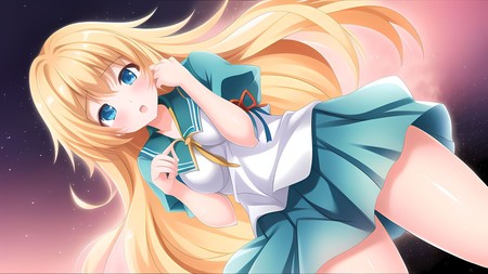 anime girl with long blonde hair and a sailor outfit is holding her hand to her chest