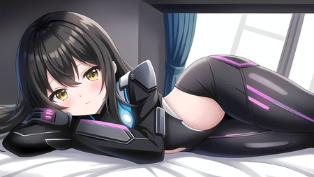 anime girl laying on a bed with a black outfit and purple pants