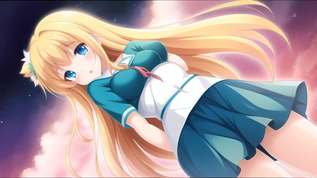 anime girl with long blonde hair in a blue and white dress