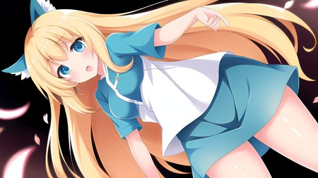 anime girl with long blonde hair and blue eyes in a blue and white dress