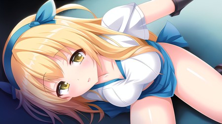 very cute anime girl laying down with her hands on her hips