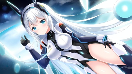 anime girl with long white hair and blue eyes wearing a black and white outfit