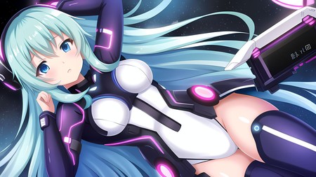 anime girl with long hair and a futuristic outfit is laying down