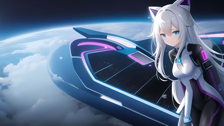 anime girl with long white hair standing in front of a space station